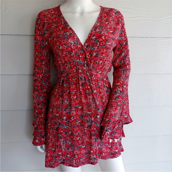 Billabong Bell Sleeve Mini Dress, L, Red floral - Picture 3 of 5